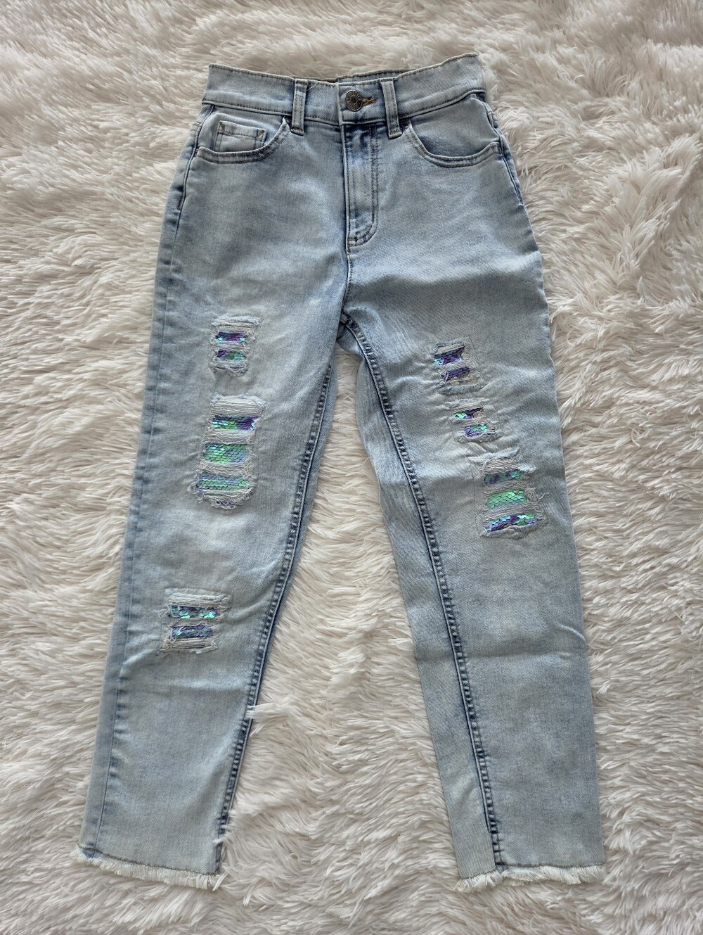 Justice Mini Mom Jeans Distressed Purple Flippy Sequins Girls Size 12 Slim